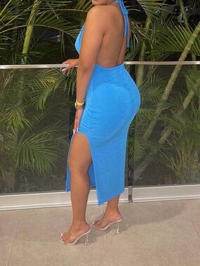 SHEIN Electric Blue Backless Halter Midi Dress with Side Slit